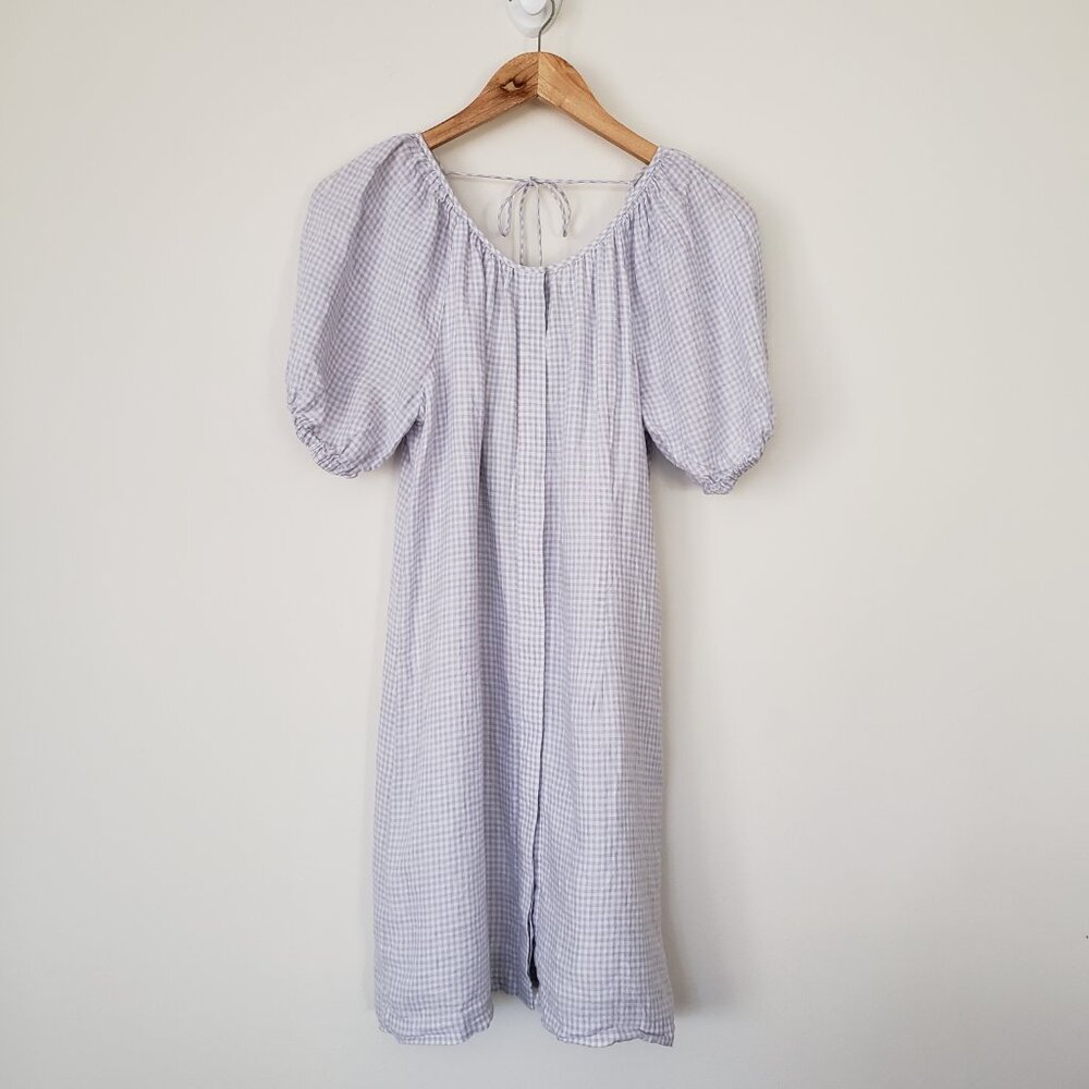 J. Crew Blue Gingham 100% Linen Dress Size 4 - Puff Sleeves Cotton Lining